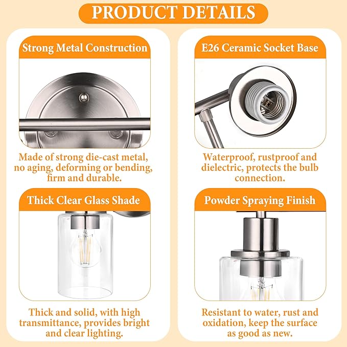 Brushed Nickel 3-Light Vanity Lights for Bathroom, 3-Light Brushed Nickel Bathroom Vanity Light Fixture Over Mirror, Silver Three Bulb Wall Sconce Over Sink