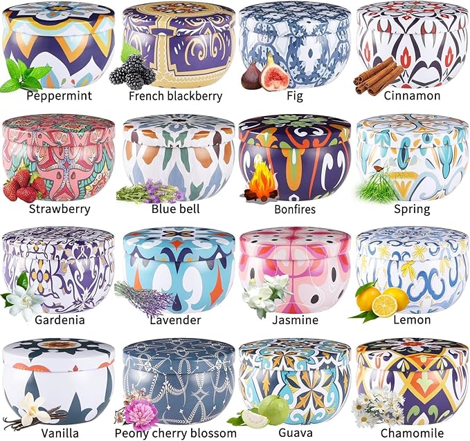 Scented Soy Wax Travel Tin Jar Candles - 2.5 OZ Gifts for Home, Mom - Christmas, Birthday, Thanksgiving, Mother's Day - 16 Pack