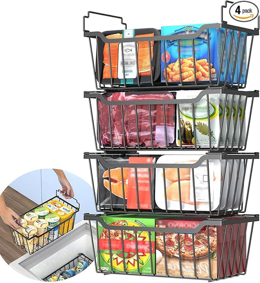 Goovilla Freezer Organizer Bins with Foldable Handle, 4 Pack Stackable Freezer Baskets for 3.5-7 Cu.FT Deep Chest Freezer Organization, Coated Metal Freezer Storage Bins with Better Space Utilization