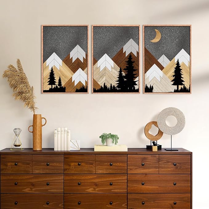 CHDITB Mountain Framed Canvas Wall Art Set, Country Wood Style Wall Decor, Rustic Farmhouse Wall Painting, Forest Nature Art Print for Living Room, Bedroom, Dinning Room, Office - Large Size 16"x24"x3