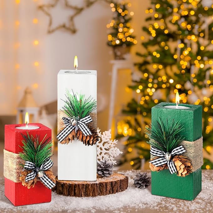 Sliner 3 Pcs Christmas Candle Holders with Candles Wooden Xmas Tealight Candle Holders Decorations Red White Green Votive Wood Candlestick for Christmas Table Centerpiece Decor Xmas Gifts