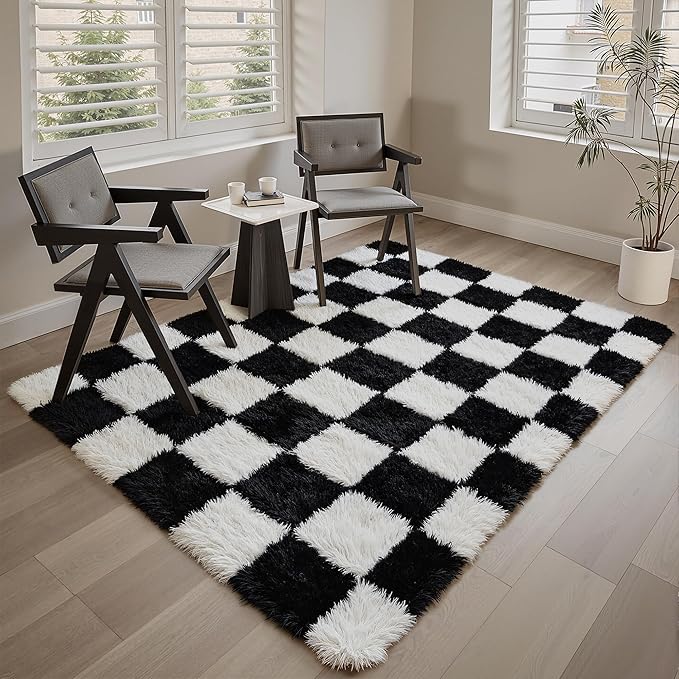 Checkered Rug 3x5 for Living Room, Black and White Modern Shag Super Soft Washable Fluffy Rugs Indoor Fuzzy Carpet for Bedroom Home Dorm Aesthetic Decor