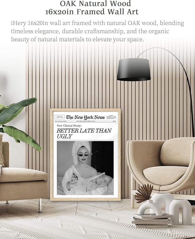 iHery Natural OAK Wood Trendy Retro Newspaper Headline Framed Wall Art, Large 16x20 in Better Late Than Ugly Vintage Bedroom Canvas Wall Art,Beige Preppy Funky Bathroom Living Room Decor Set of 1