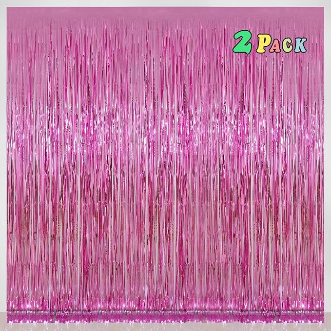 Pink Foil Fringe Curtains Tinsel Backdrop, Melsan 3.2 x 8 ft Metallic Tinsel Curtains Party Decorations for Baby Shower,Babbie, Mermaid Themed Birthday Party Backdrop - Pack of 2