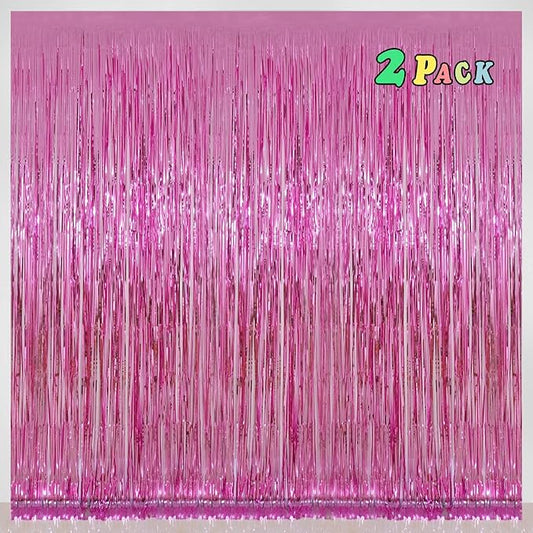 Pink Foil Fringe Curtains Tinsel Backdrop, Melsan 3.2 x 8 ft Metallic Tinsel Curtains Party Decorations for Baby Shower,Babbie, Mermaid Themed Birthday Party Backdrop - Pack of 2
