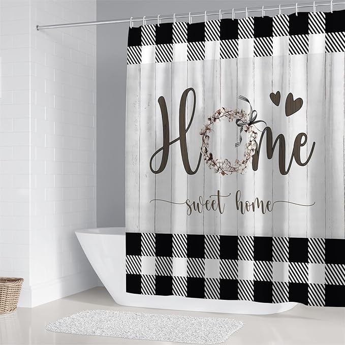 FZDHHY Black and White Shower Curtain Set Home Sweet Home Bathroom Sets with Rugs,Rustic Plaid Bathroom Shower Curtain Set with Carpet Bath Mat Toilet Rugs