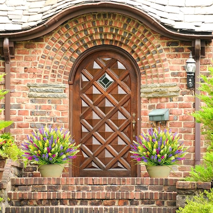 N&T NIETING 20 Bundles Artificial Plants Outdoor Fake Monkey Grass with Flowers for Pot Garden Verandah Decor for Window Garden Office Patio Hanging Planter Pathway Front Porch (Mix Color 2)