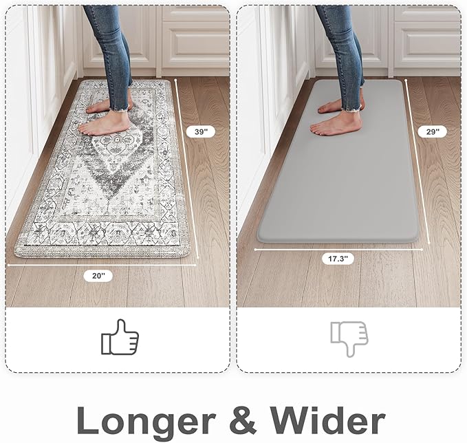 KIMODE Kitchen Mats Cushioned Anti Fatigue, Boho Vintage Kitchen Rugs, Grey 20"x39" Kitchen mats for Floor,Non Slip Kitchen Floor Mat, Comfort Padded Kitchen Floor Mats for Sink Laundry Office Desk