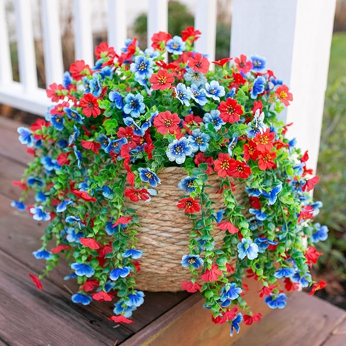 Faux Flowers for Outdoors Decoration, 2Pcs Artificial Fake Hanging Spring Summer Decor, Red and Blue Realistic Plants, UV & Fading Resistant Silk Flower for Porch Patio Balcony Planter Yard