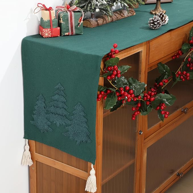 Breling Christmas Tree Table Runner Jacquard Christmas Tree Dinner Table Runner Xmas Holiday Kitchen Dining Decoration for Winter Holiday Kitchen Party Home Decor 13x72 Inch(Dark Green)