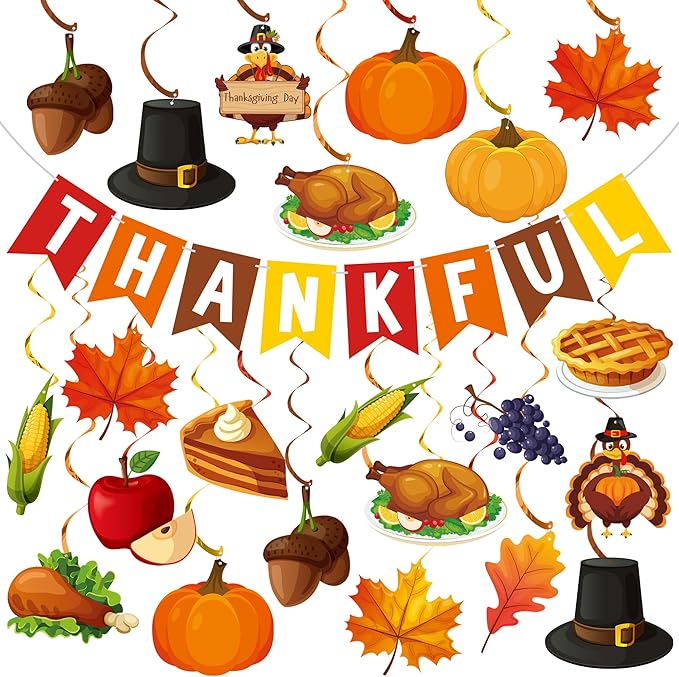 Thanksgiving Decorations Pre-strung Thankful Banner Turkey Pumpkin Maple Leaves Hanging Swirls Thanksgiving Hanging Ceiling Streamers for Indoor Outdoor Home Office Fall Autumn Harvest Party Decor