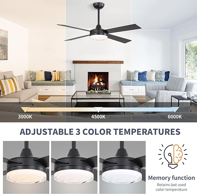 WINGBO 52 Inch Ceiling Fan with Lights and Remote, 3CCT, Modern Ceiling Fan with Ripple Glass Shade, 6-Speed Reversible DC Motor for Bedroom Living Room Kitchen Hallway, Matte Black