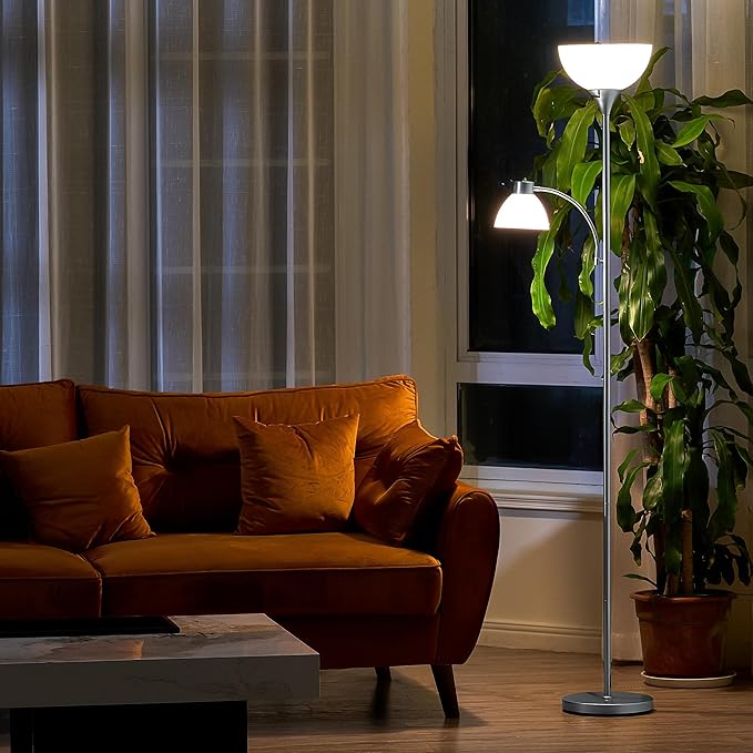 VONLUCE Torchiere Floor Lamp, 71" Standing Lamp with Adjustable Reading Lights & 2 Bulbs, 3 Color Temperatures Modern Tall Pole Lamp for Living Room Bedroom Corner, Nickel