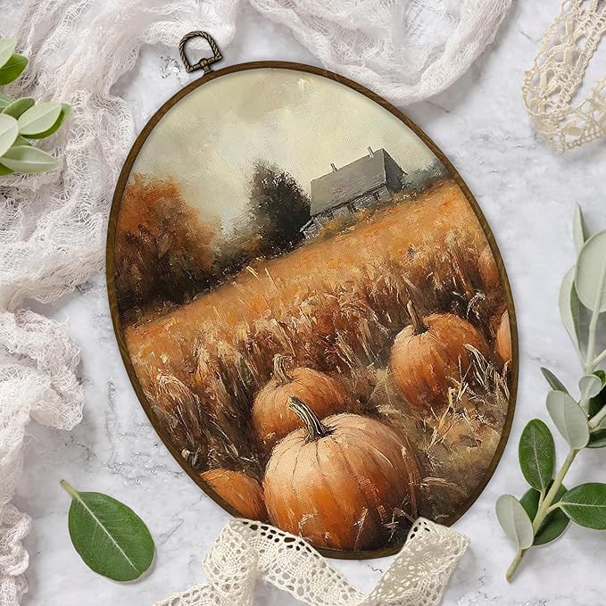 Gnmduw Rustic Fall Pumpkin Oval Wall Art Framed, Vintage Fall Pumpkin Canvas Prints Hanging Decor, Cottagecore Pumpkins Field Wildflower Wall Decor for Farmhouse Living Room Bedroom, 8.7x11.3 In