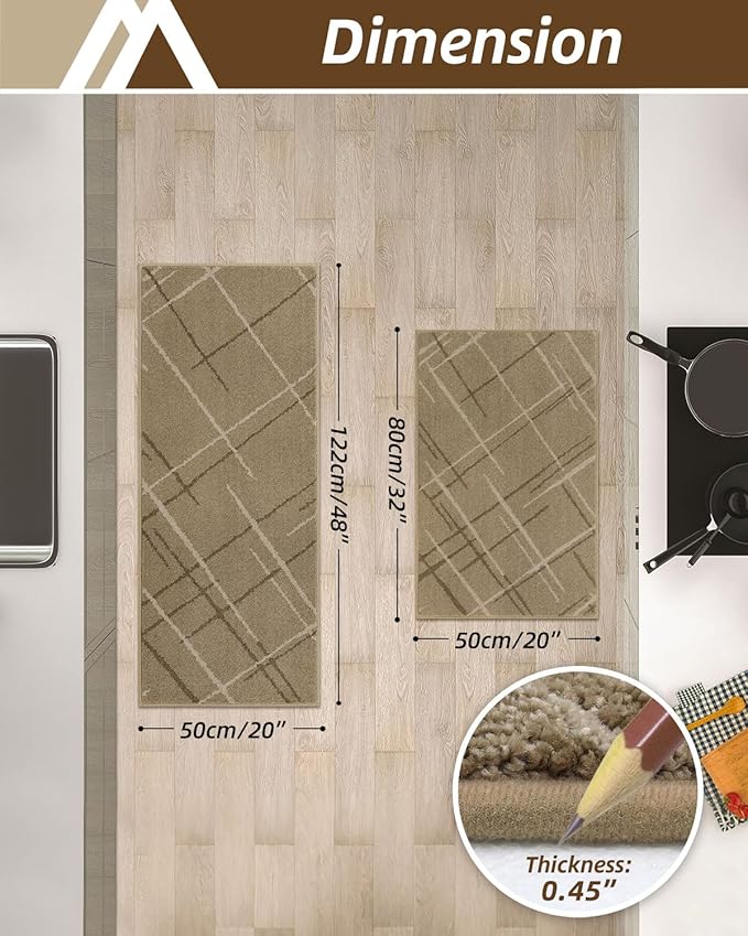 COSY HOMEER Kitchen Mats, 2 PCS Kitchen Rug Non Slip Washable, Absorbent Runner Rugs for Kitchen Floor, Polyester Kitchen Sink Rug 20"x32" + 20"x48"(Beige)