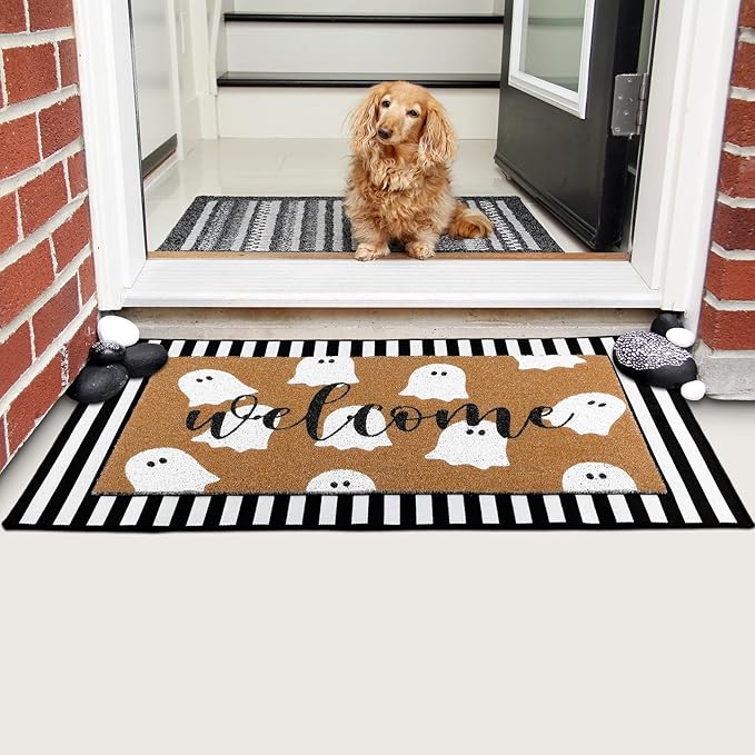 2 Pcs Halloween Welcome Door Mat Ghost Outdoor Welcome Mats for Front Door Non Slip Cute Ghost Coir Floor Mat Black White Stripe Halloween Rug for Outside Front Porch Entryway Decor