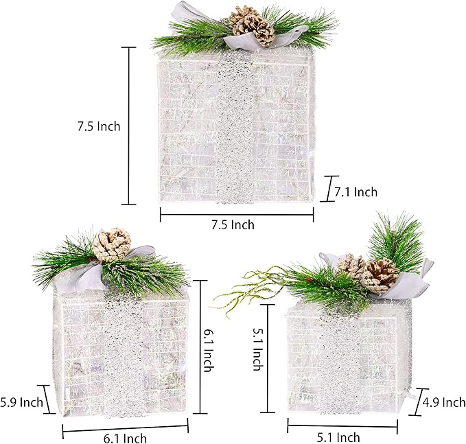 Hourleey Set of 3 Christmas Lighted Gift Boxes, Pre-lit 60 LED Light Up Present Boxes Ornament Outdoor Multi Color Tinsel Boxes Decoration for Indoor Christmas Home Yard Lawn Decor