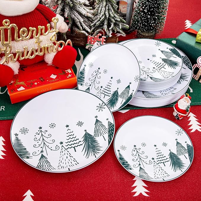 FLOWERCAT 100PCS Christmas Plates & Christmas Tree Plates - Heavy Duty Christmas Plastic Plates Disposable for Party - Include 50PCS 10.25inch Christmas Dinner Plates - 50PCS 7.5inch Dessert Plates