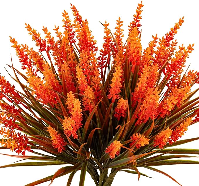 Artificial Fall Flowers for Outdoor Plants 12 Bundles Fake Lavender Plastic Faux Monkey Grass for Verandah Window Garden Office Patio Front Porch UV Resistant for Planter(Autumn Orange)