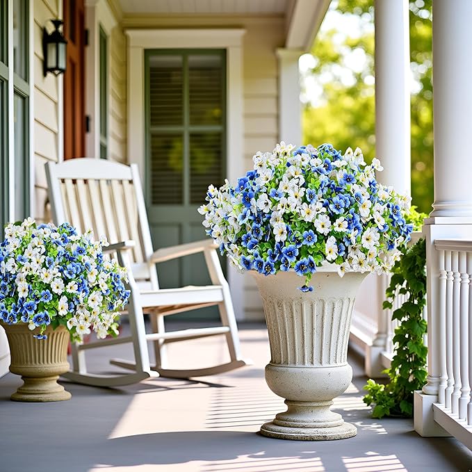 LADADA 6 Bundles Artificial Fake Flowers，Fake Blue Silk Daisy with Eucalyptus for Planter Pot UV Resistant Realistic for Outside Porch Home Patio Garden Decoration (White Blue)