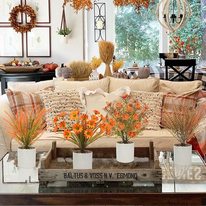 Uieke 4PCS Fall Tabletop Decor Fall Fake Potted Plants Autumn Mini Small Artificial Potted Plants for Fall Harvest Wedding Table Centerpiece Farmhouse Home Office Shelf Thanksgiving Decor