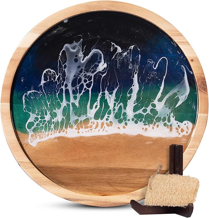 Acacia Wood Round Serving Tray with Epoxy Resin Art, 15.8”x15.8”, Includes Stand & Loofah, Handcrafted Ocean Wave Design, Perfect for Charcuterie, Serving Platters & Appetizers