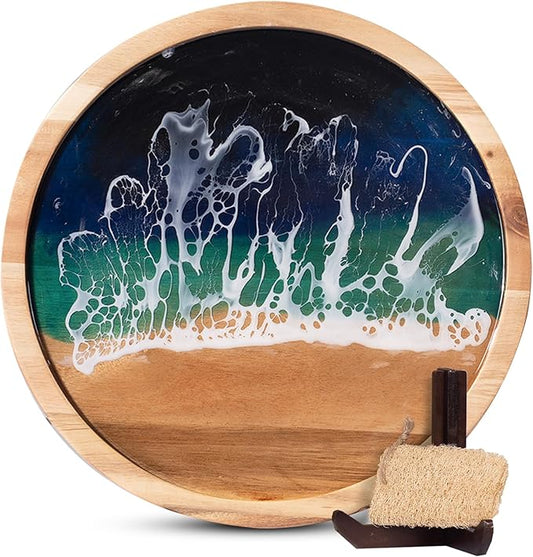 Acacia Wood Round Serving Tray with Epoxy Resin Art, 15.8”x15.8”, Includes Stand & Loofah, Handcrafted Ocean Wave Design, Perfect for Charcuterie, Serving Platters & Appetizers