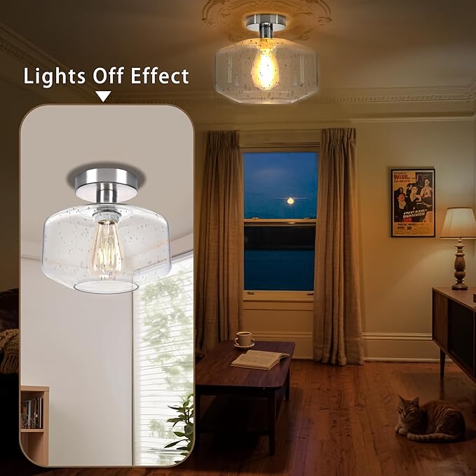 Semi Flush Mount Ceiling Lights, Industrial Ceiling Light, Glass Pendant Lamp Shade,11.8'' Inches Pendant Light Fixtures for Hallway, Entryway, Farmhouse, Kitchen (Seeded Glass)