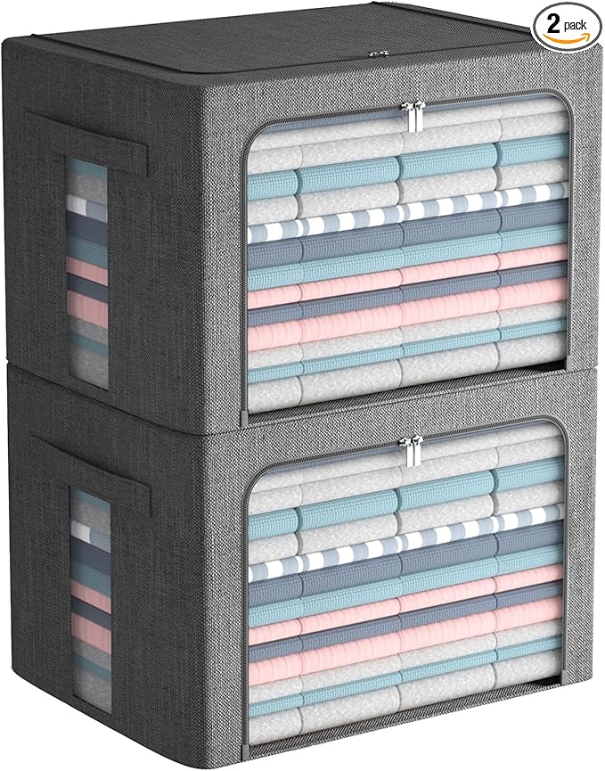 Extra Large Clothes Storage Bins Foldable Metal Frame Storage Box Stackable Linen Fabric Box Organizer Set with Carrying Handles and Clear Window -100L (Gray, 23.6x 16.5x 15.7 Inch)