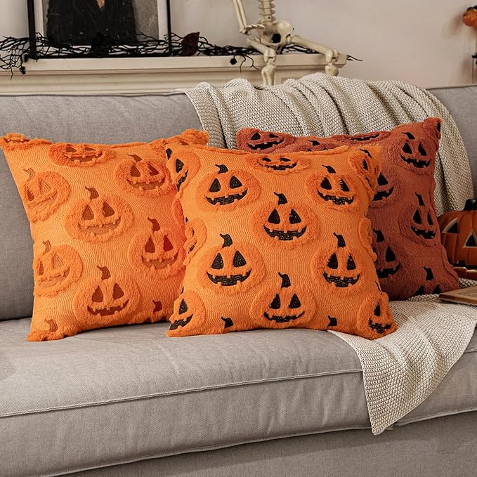 MIULEE Fall Halloween Throw Pillow Covers 18x18 Decorative Pumpkin Pattern Pillowcases Soft Plush Faux Wool Cushions for Home Patio Sofa Couch,Orange-Black