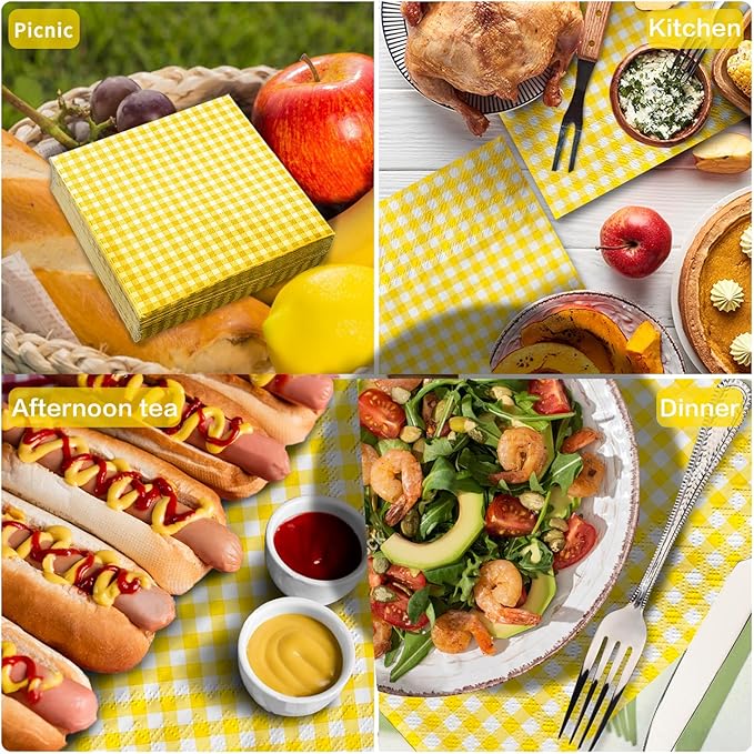Gatherfun Party Supplies, Disposable Paper Napkins Yellow and White Gingham Napkins for Easter Party（3-ply, 6.5X6.5 in, 50-Pack)