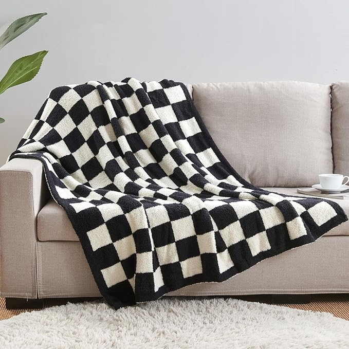 CozeCube Checkered Blanket, Ultra Soft Cozy Black and White Throw Blanket, Warm Cozy Knit Fuzzy Plush Checkerboard Throw for Couch Bed Sofa, 50"x60"