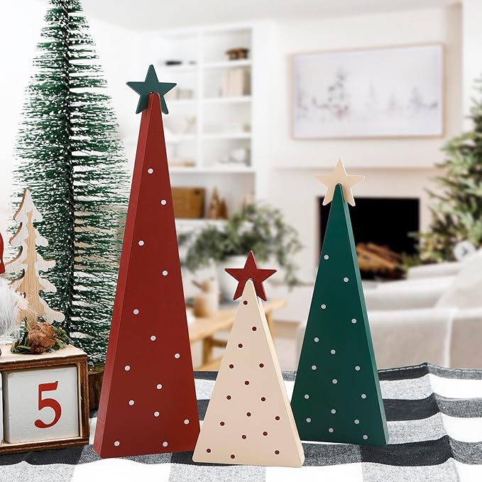 Christmas Decorations-Three Sizes Wooden Tree Sign with Star-Christmas Decorations for Home Shelf Mantel Fireplace Table Party Decor