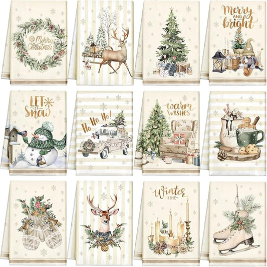 12 Pcs Christmas Kitchen Towels and Dishcloths Absorbent Christmas Tree Reindeer Truck Hand Dish Towels Decoration for Xmas Home Gift Supplies, 14.2 x 21.3 Inch(Cute Style)