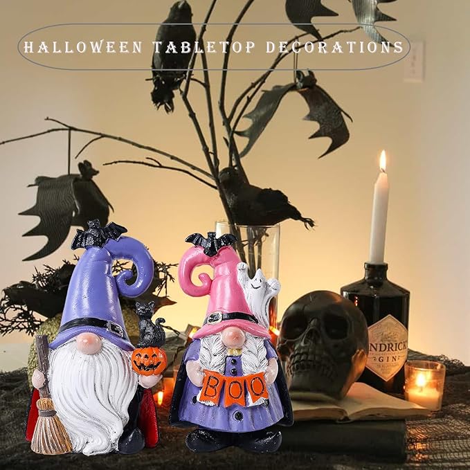 Halloween Decorations | Set of 2 Halloween Gnomes Decorations for home | Tomte Swedish Gnomes Resin Figurines for Indoor & Outdoor Garden Fall Gnome Table Centerpiece, Autumn Party Decor 4.2 "H