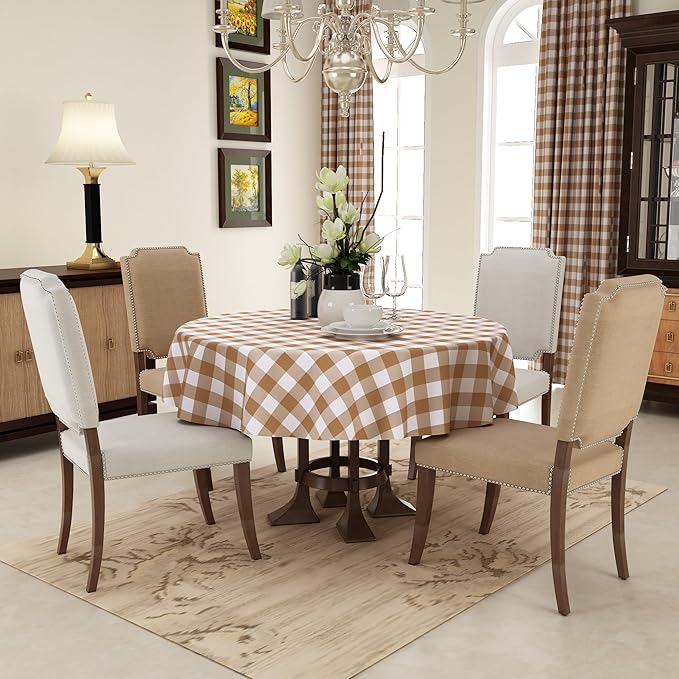 misaya Round Waterproof Vinyl Table Cloth, Buffalo Flannel Backed Tablecloth, Wipeable Plastic Table Cover for Fall, Thanksgiving (60", Brown and White)