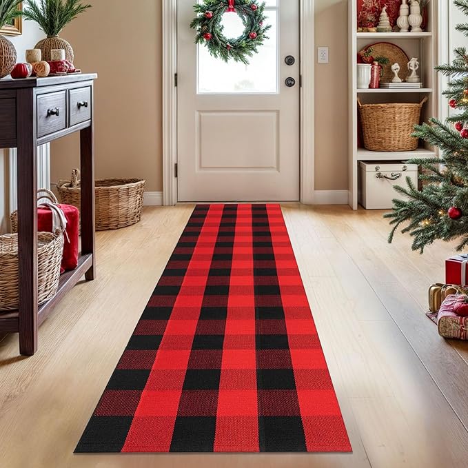 KOZYFLY Buffalo Plaid Rug 2x8 Ft Runners for Hallways Washable Checkered Rug Red and Black Christmas Rugs Woven Cotton Kitchen Fall Rug Halloween Decor for Hallway Kitchen Living Room