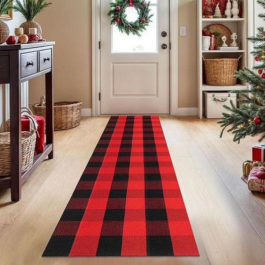 KOZYFLY Buffalo Plaid Rug 2x8 Ft Runners for Hallways Washable Checkered Rug Red and Black Christmas Rugs Woven Cotton Kitchen Fall Rug Halloween Decor for Hallway Kitchen Living Room