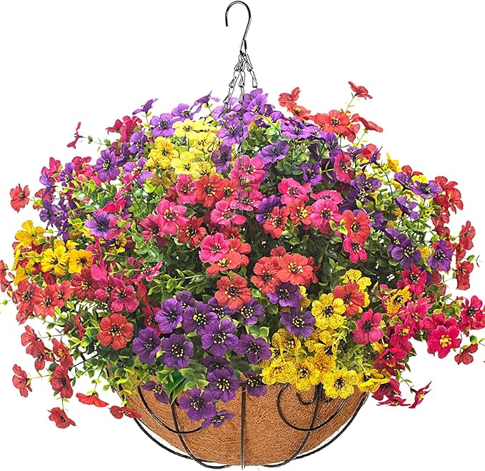 Artificial Hanging Flowers Basket with Colorful Silk Daisies & Eucalyptus - UV/Sun-Resistant Plant for Outdoor Porch, Patio, Balcony - Indoor/Outdoor Home Decor