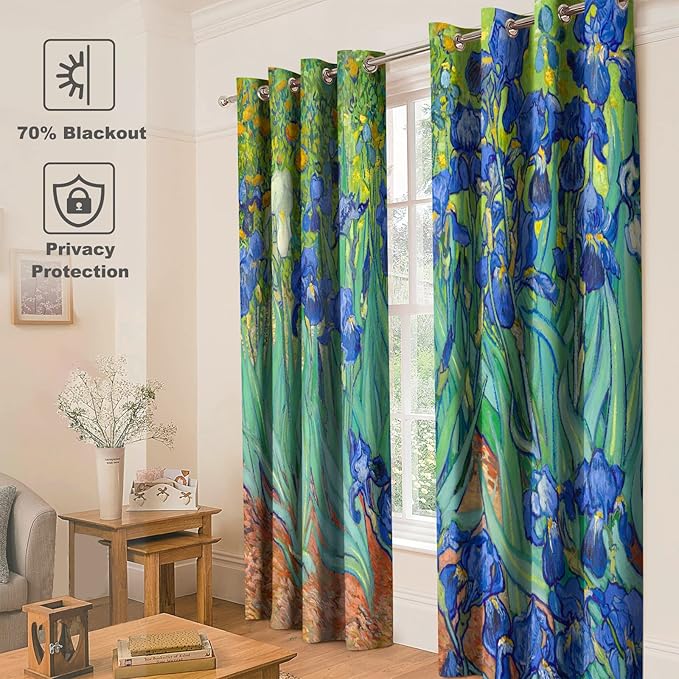 Jekeno Irises Blackout Curtains Blue and Purple Iris Flowers Floral Art Decor Home Bedroom Living Room Abstract Art Decoration Darkening Grommet Window Drapes 2 Panel Set, 52"x63"