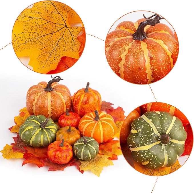 DomeStar 38PCS Fake Pumpkin Set, 8PCS Pumpkins for Decorating with 30PCS Maple Leaves Fall Harvest Decorations for Home, Thanksgiving Table Centerpieces and Halloween Decor