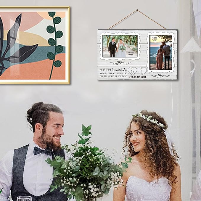 White Farmhouse Wife and Husband 2 Slot Picture Frame Holds 4X6 Inches Photos,1-99 Years of Love Anniversary Wedding Marriage Blessing Gifts for Couples