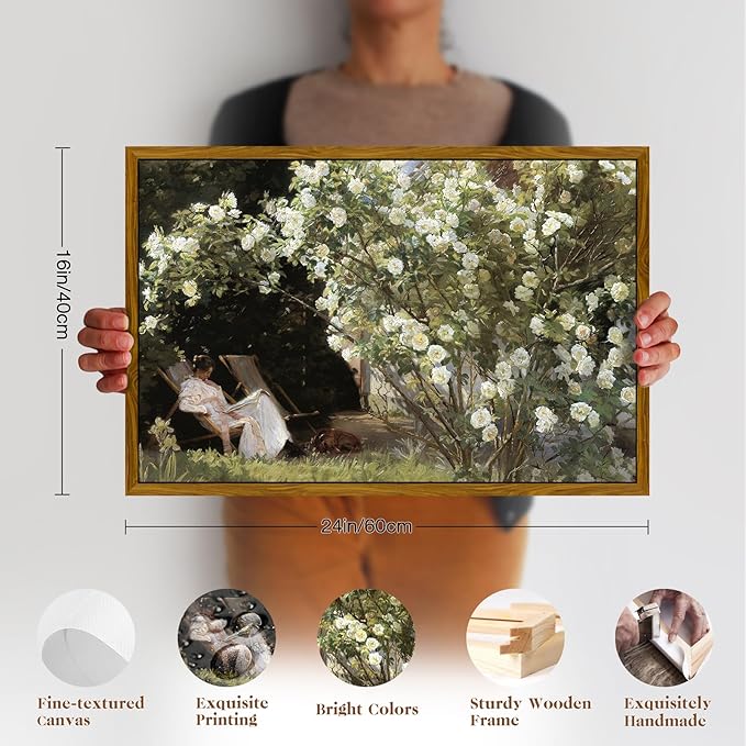 crmotu Vintage Framed Wall Art, Garden Women Canvas Art Prints, Rose Floral Classical Oil Paintings, Green Landscape Rustic Farmhouse Wall Decor Living Room Bedroom Bathroom Aesthetic Pictures 16x24in