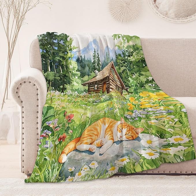 Sleeping Cat Blanket, Cozy Flannel Tabby with Log Cabin Throw Blanket, Soft Fuzzy Blankets for Travel Home Decor, All Season Lightweight Couch Bed Cover, Gifts for Women Adults Kids 60"×80"