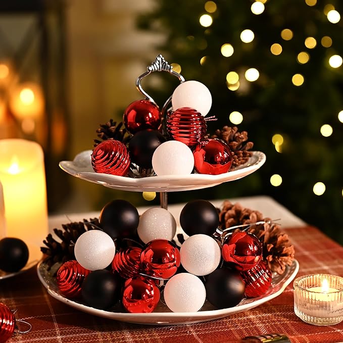 Valery Madelyn 1.57 Inches Small Christmas Tree Decorations Ornament Set for 4th of July Fall Halloween, 24ct Red and Black Shatterproof Hanging Ball Ornaments Holiday Party Decor