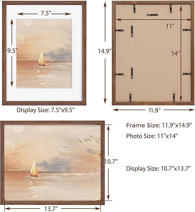 Fun Memories 11x14 Wood Picture Frame, Solid Oak Frame 11 x 14 for Wall, Display 8x10 with Mat or without Mat, Tempered Glass, 11''x14'' Photo Art Walnut Color, 1 Pack