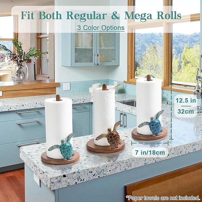 Turtle Paper Towel Holder - Coastal Decor for Home Ocean Decor Beach House Beachy Themed, Sea Turtle Gifts for Women, Cute Decorative Paper Towel Holder Stand Countertop Kitchen Nautical Teal Wood