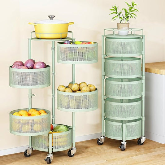 SNTD Fruit and Vegetable Basket Bowls for Kitchen with Metal Top Lid, 5 Tier Rotating Storage Rack Cart for Potato Onion Bread Banana, Wire Basket Organizer on Wheels, Large (Green)
