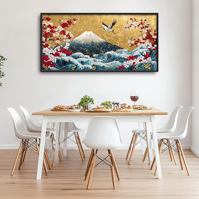 Japanese Large Wall Art for Living Room, Fuji Mountain Oversized Wall Decor Pictures, Ocean Wave Framed Canvas Print Painting, Vintage Artwork for Bedroom Office Home Decor 60"x30"
