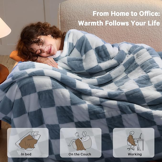 Heated Electric Blanket Twin Size, 62X84 Heating Blanket with 10 Heat Level & 8 Hours Auto Off, Misty Blue Checkered Plaid Soft Fleece Sherpa Blankets Warmer Gifts for Couch Grandma Women Adults, ETL